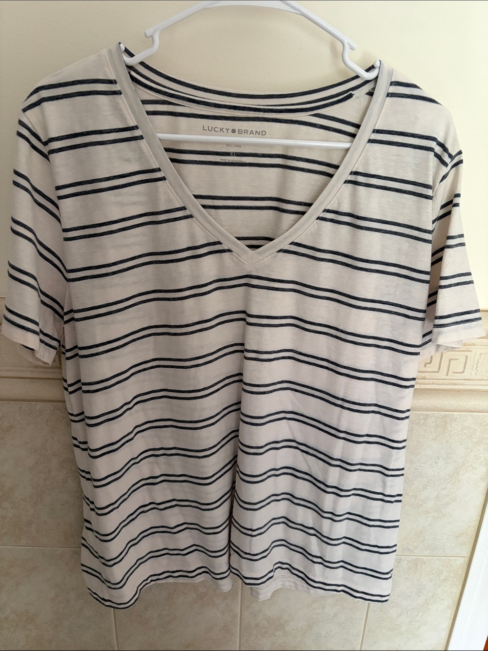 Lucky Brand V-Neck Striped Tee in Cream and Denim Blue